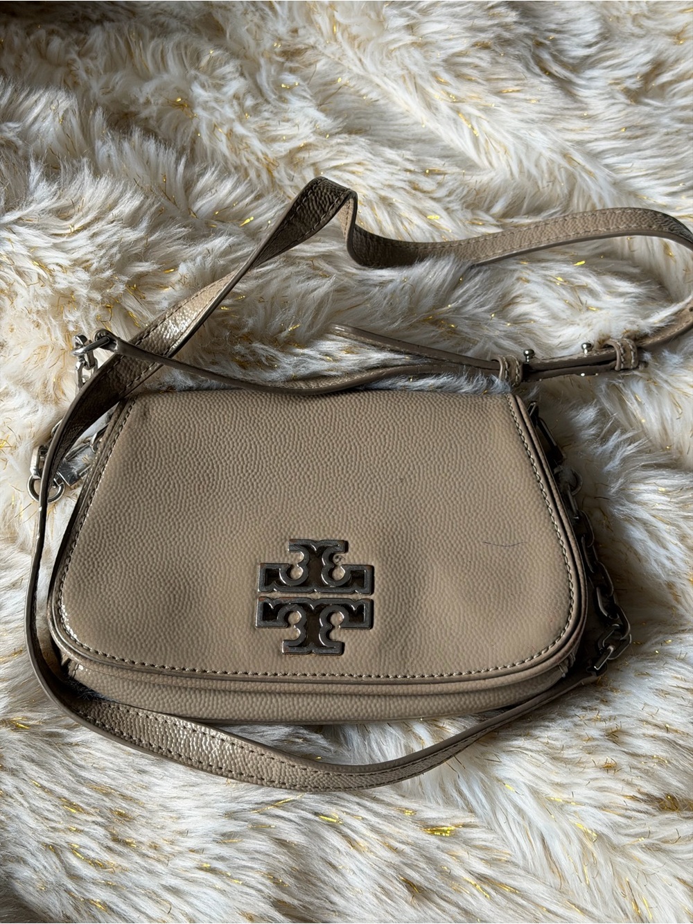 Tory Burch Taupe Leather Crossbody with Logo Medallion